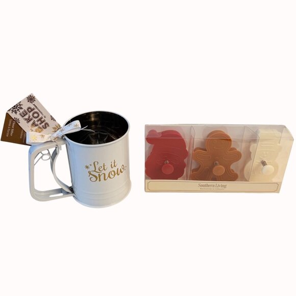 Southern Living Christmas Baking Set Cookie Stamps Flour Sifter Let It Snow - Picture 14 of 16